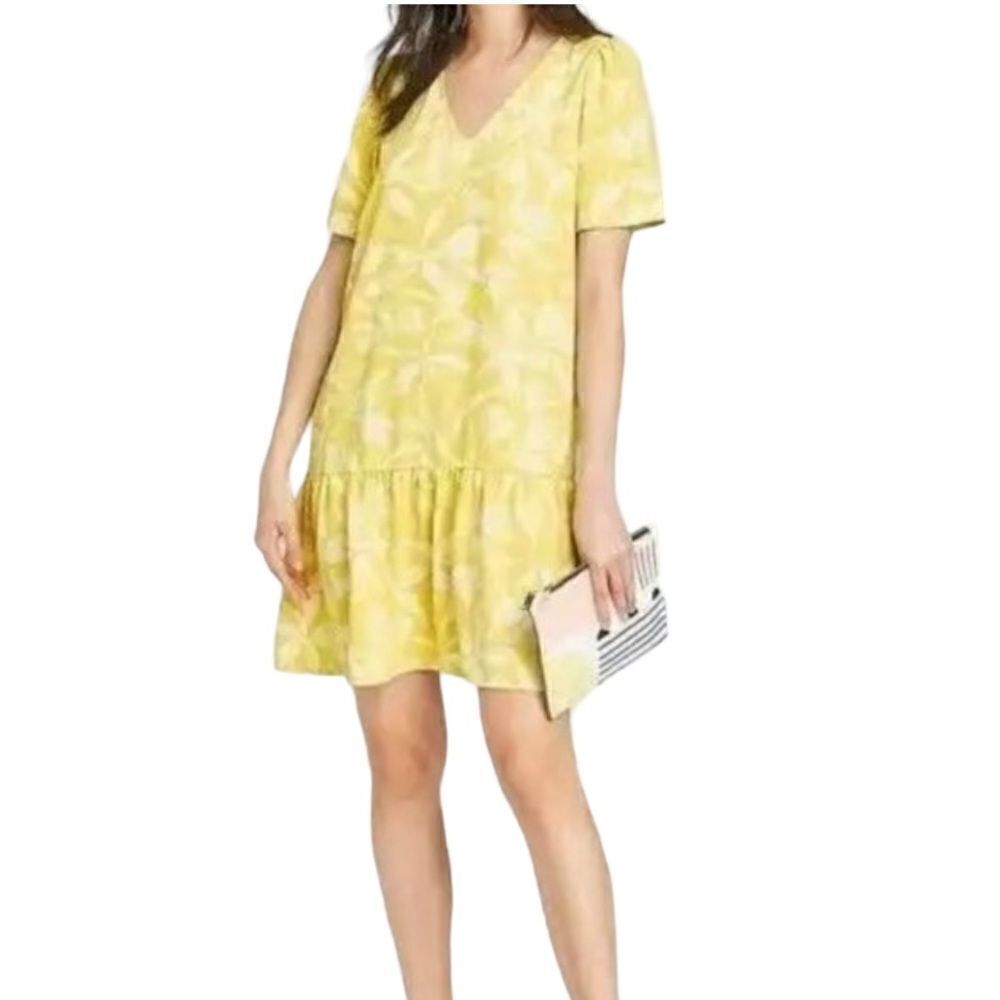 A NEW DAY Women's Floral Print Short Sleeve Ruffle Hem Dress Light Green Small